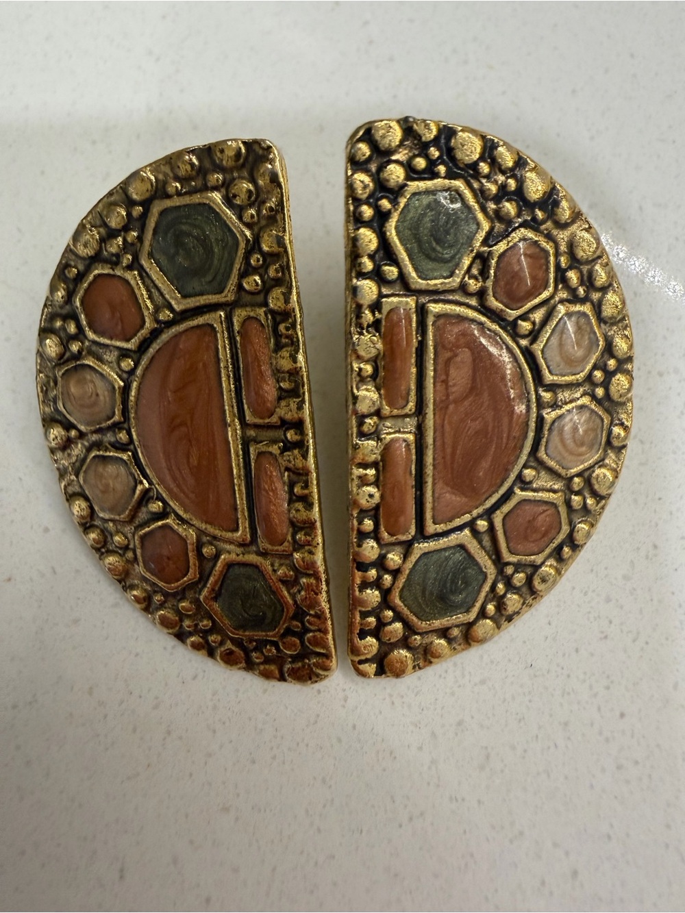 Vintage Artisan Half Moon Multi- Stone Earrings - signed - Picture 2 of 4